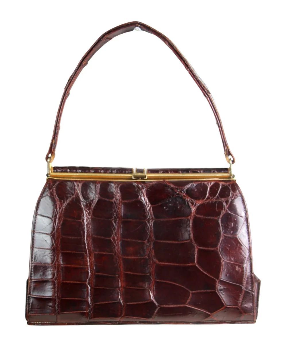 VINTAGE BROWN CROCODILE SKIN FRAME TOP HANDLE SHOULDER BAG HANDBAG SATCHEL PURSE